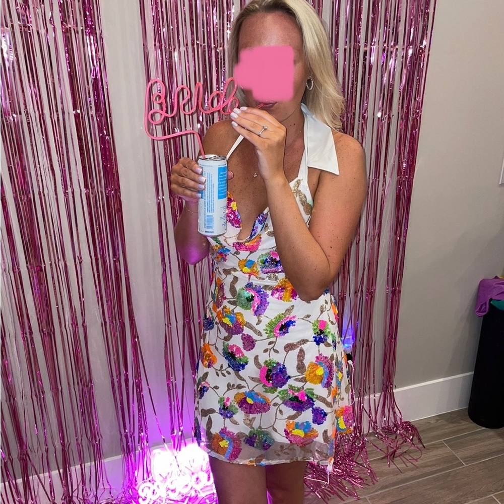 CHAMPAGNE SHOWERS HALTERNECK SLIP MINI DRESS SEQUIN FLORAL WHITE